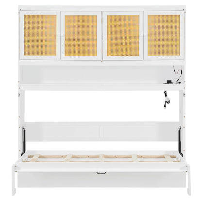 DNYN Murphy Bed Frame with Top Cabinet and LED for Bedroom/Guest/Study Room, Twin Size Wooden Foldable Wall Bed with USB Ports, Space-Saving Design & No Box Spring Needed