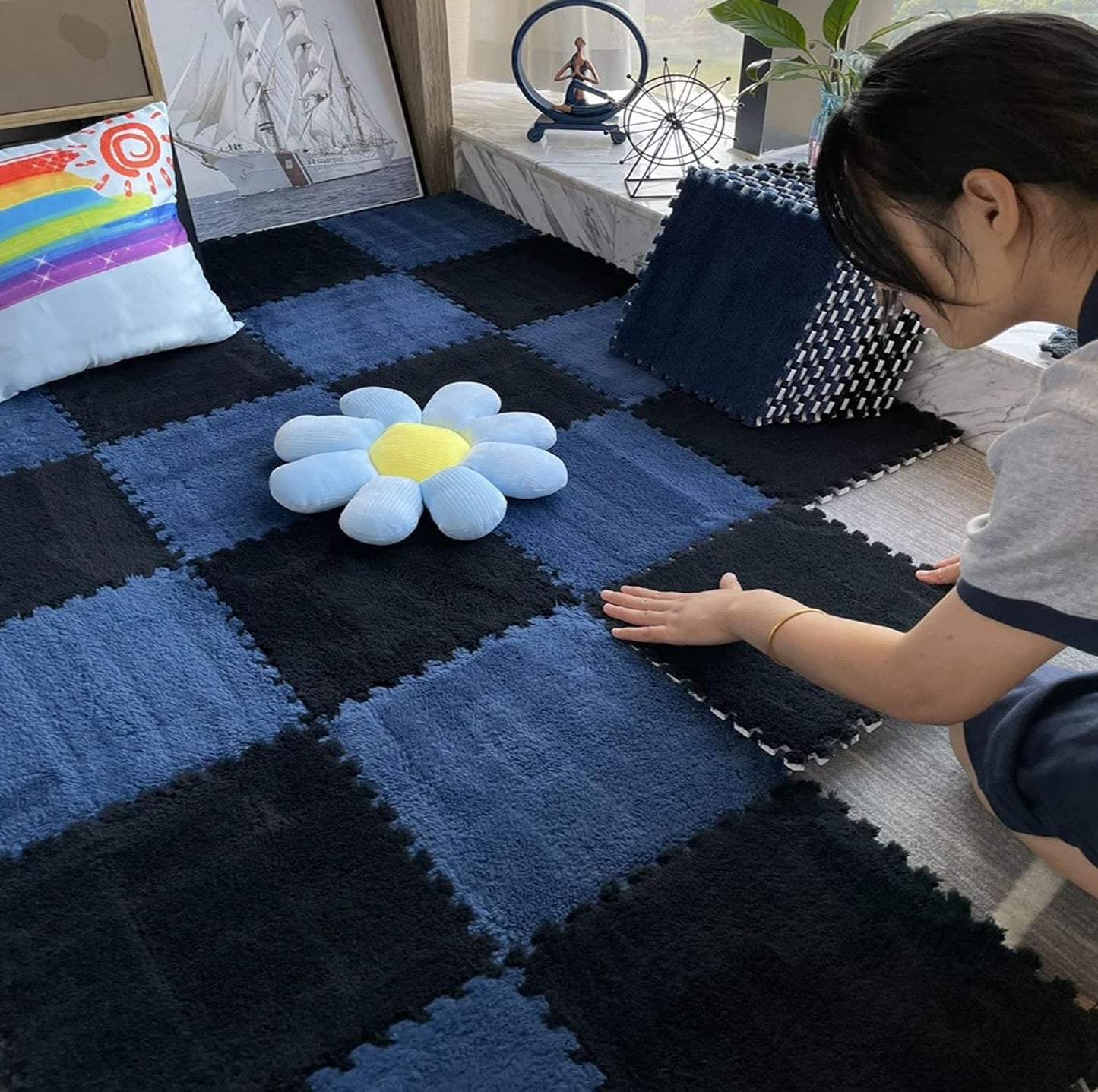 12 49" 37" 12 Pcs Kids Foam Interlocking Carpet Tiles with Border, Thick Carpet Squares Plush Floor Playmats Baby