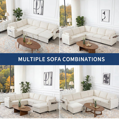Modular Sectional Sleeper Sofa with Pull Out Bed, 116" Large U Shaped 7 Seater Sectional Couches with Ottoman, Charging Port & Foldable Side Table, Comfy Chenille Cloud Sofas for Living Room, Beige