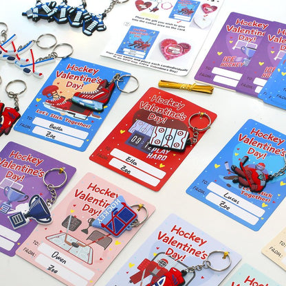 PINGAMOO Hockey Valentines Day Cards, 32PCS Valentine Cards with 32PCS Hockey Keychains, Boys Valentine's Card for Classroom School Party Favors Valentines Exchange