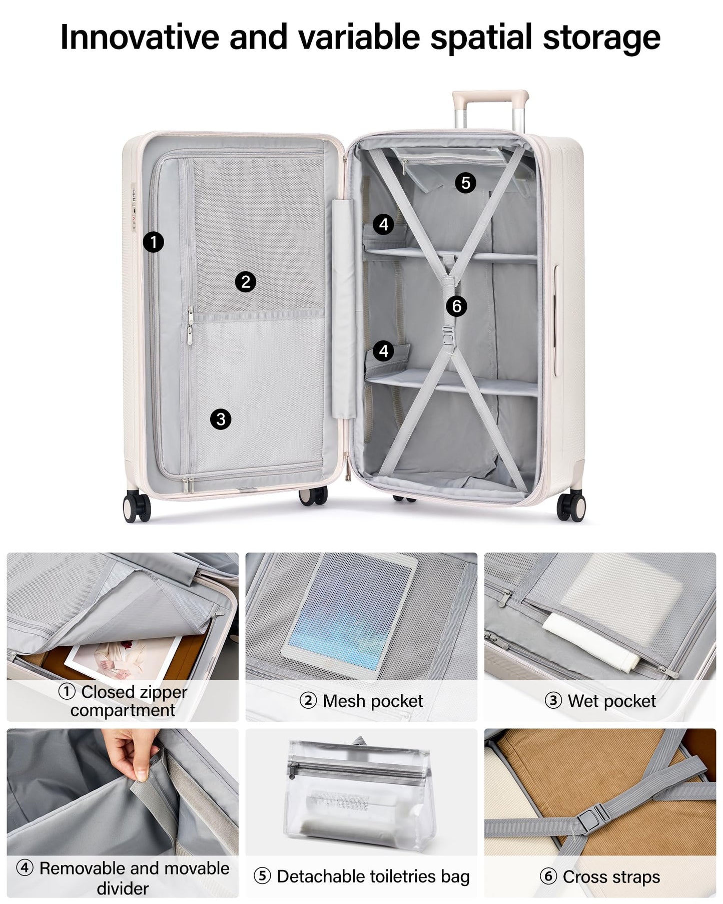 Hanke 29 Inch Plus Expandable Luggage Large Suitcases with Wheels,Checked Luggage Hard Shell Suitcases, PC Trunk Luggage Extra Large Suitcase with Lock for Women Men(Ivory White)