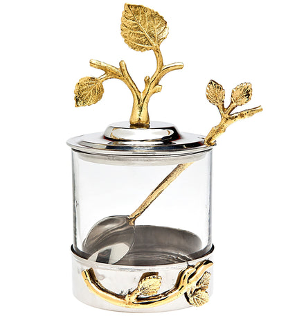 Godinger Elegant Leaf Jam & Honey Jar with Spoon – Stylish Stainless Steel & Glass Dish For Condiments, Sugar & Spreads – Decorative Serveware for Breakfast, Tea, Entertaining & Housewarming Gifts