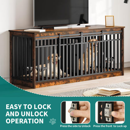 YITAHOME 71" Double Dog Crate Furniture with 4 Dog Bowls, Heavy Duty Wooden Dog Crate TV Stand, Dog Kennel Indoor Furniture Sliding Barn Door Design for Extra Large Dogs, Rustic Brown