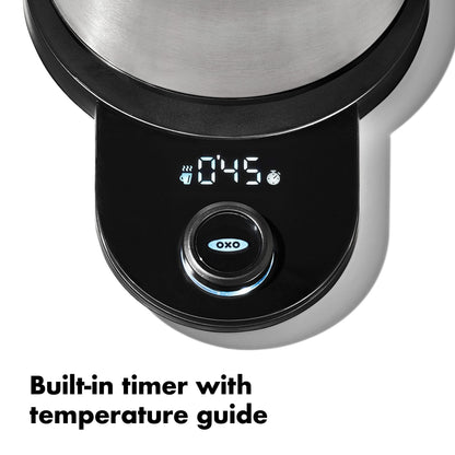 OXO Brew Gooseneck Electric Kettle – Hot Water Kettle, Pour Over Coffee & Tea Kettle, Adjustable Temperature, Built-In Brew Timer, Stainless Steel, 1L