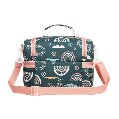 Life on track Insulated Kids Dual Compartment Lunch Bags Tote Pack for Girls Boys Toddler Kindergarten School Picnic Cooler Thermal Lunch Boxes with Strap (Green Rainbow)