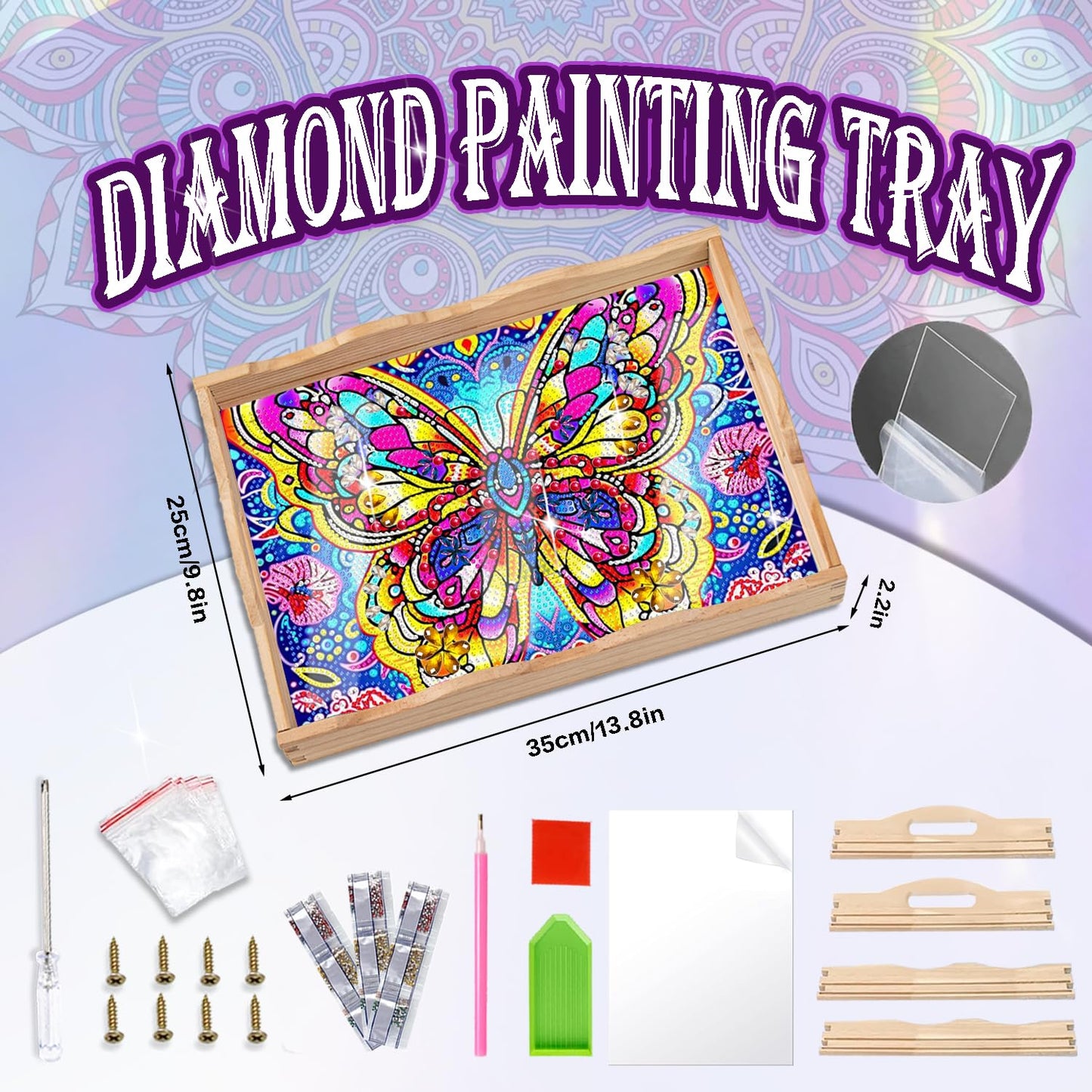 EWJRNSF Diamond Art Kits for Adults Wooden Serving Trays with Handles, 5D Diamond Painting Big Gem Arts and Craft Gifts Trays Decor Gift Home Decor 9.8x13.8 Inches Butterfly A