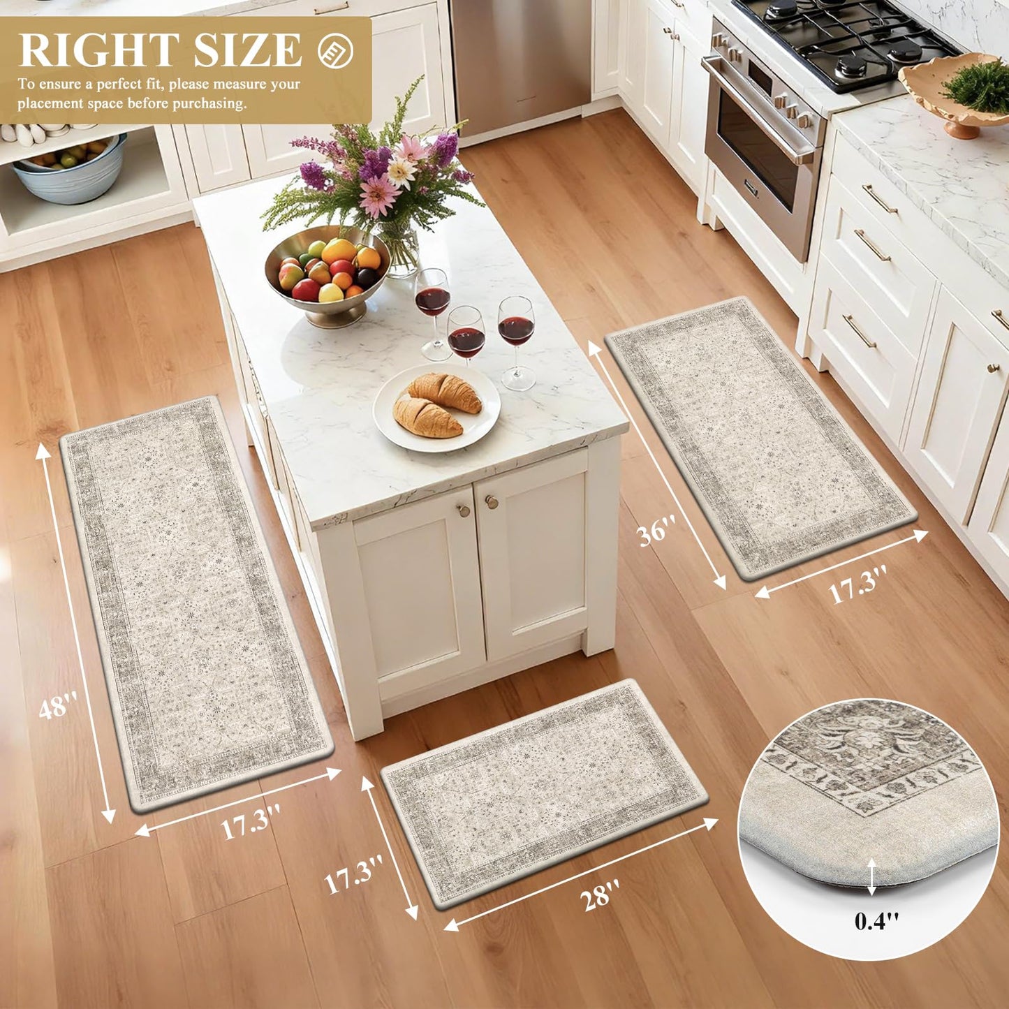 Pauwer Anti Fatigue Kitchen Floor Mats Set of 3, PVC Foam Padded Kitchen Rugs, Non Slip Cushioned Comfort Standing Mat, Waterproof Sink Rug for Small Kitchen Area, Laundry Room, Khaki