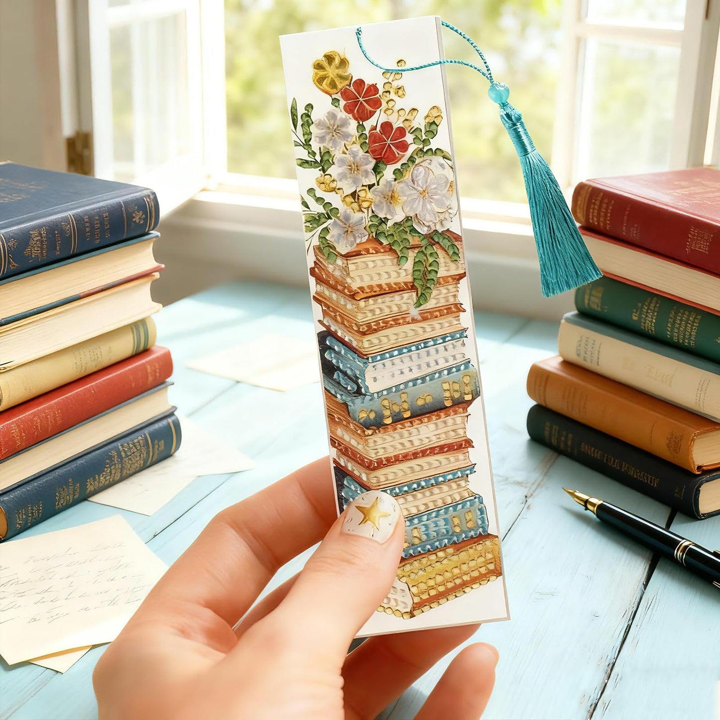 beinkmake 6pcs Diamond Painting Bookmark Set Stack of Books and Flowers Acrylic Bookmarks with Tassels DIY Art Gift for Book Lovers 7.87x1.97 Inches