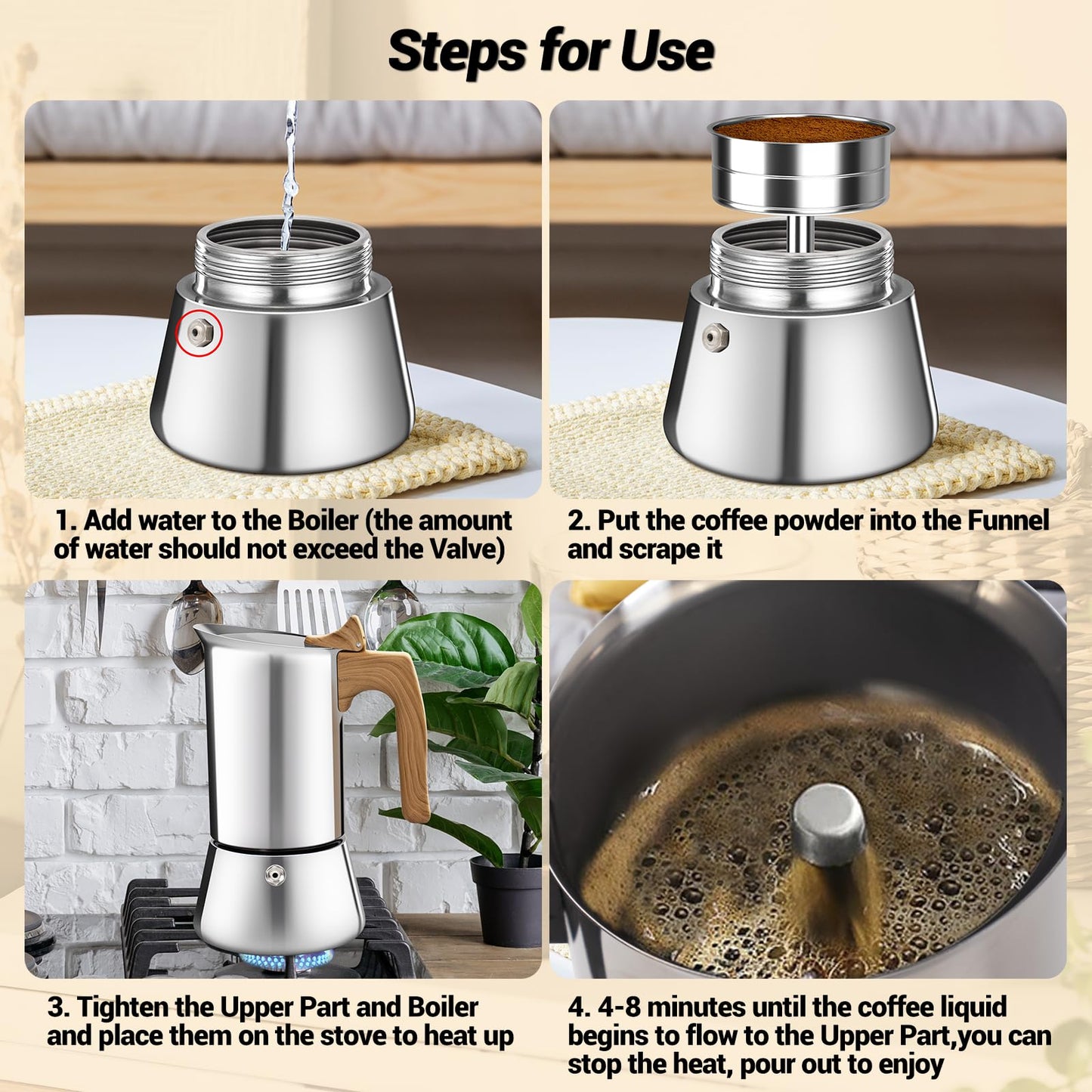 Vaolvpant No Coating 12 Cup Moka Pot Thickened 304 Stainless Steel Stovetop Espresso Coffee Maker 600ml 20oz Mocha Percolator Greca Cuban Ideal for Making Rich Authentic Italian Café