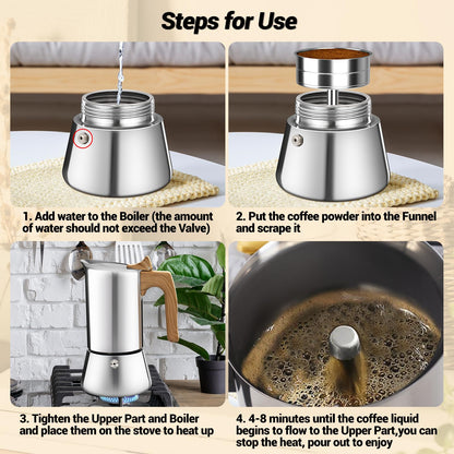Vaolvpant No Coating 12 Cup Moka Pot Thickened 304 Stainless Steel Stovetop Espresso Coffee Maker 600ml 20oz Mocha Percolator Greca Cuban Ideal for Making Rich Authentic Italian Café