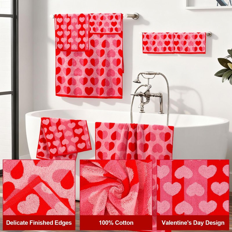 Whaline Valentine's Day Bath Towels Set of 6 Jacquard Cotton Bathroom Towel Red Pink Heart Hand Towel Wash Cloth for Holiday Hand Drying Shower Supplies