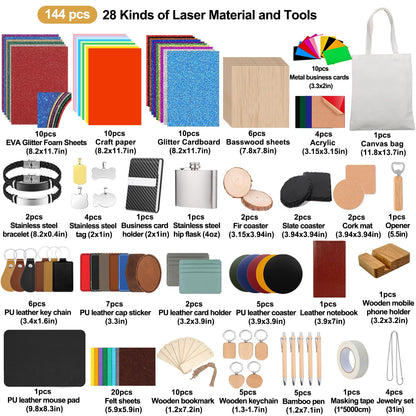 Vercleuim 134pcs Laser Engraving Blanks Kit, 28 Types Laser Engraving Supplies & Engraver Accessories with Basswood, PU Leather, Metal, Acrylic, Fabric for Laser Cutter Engraver