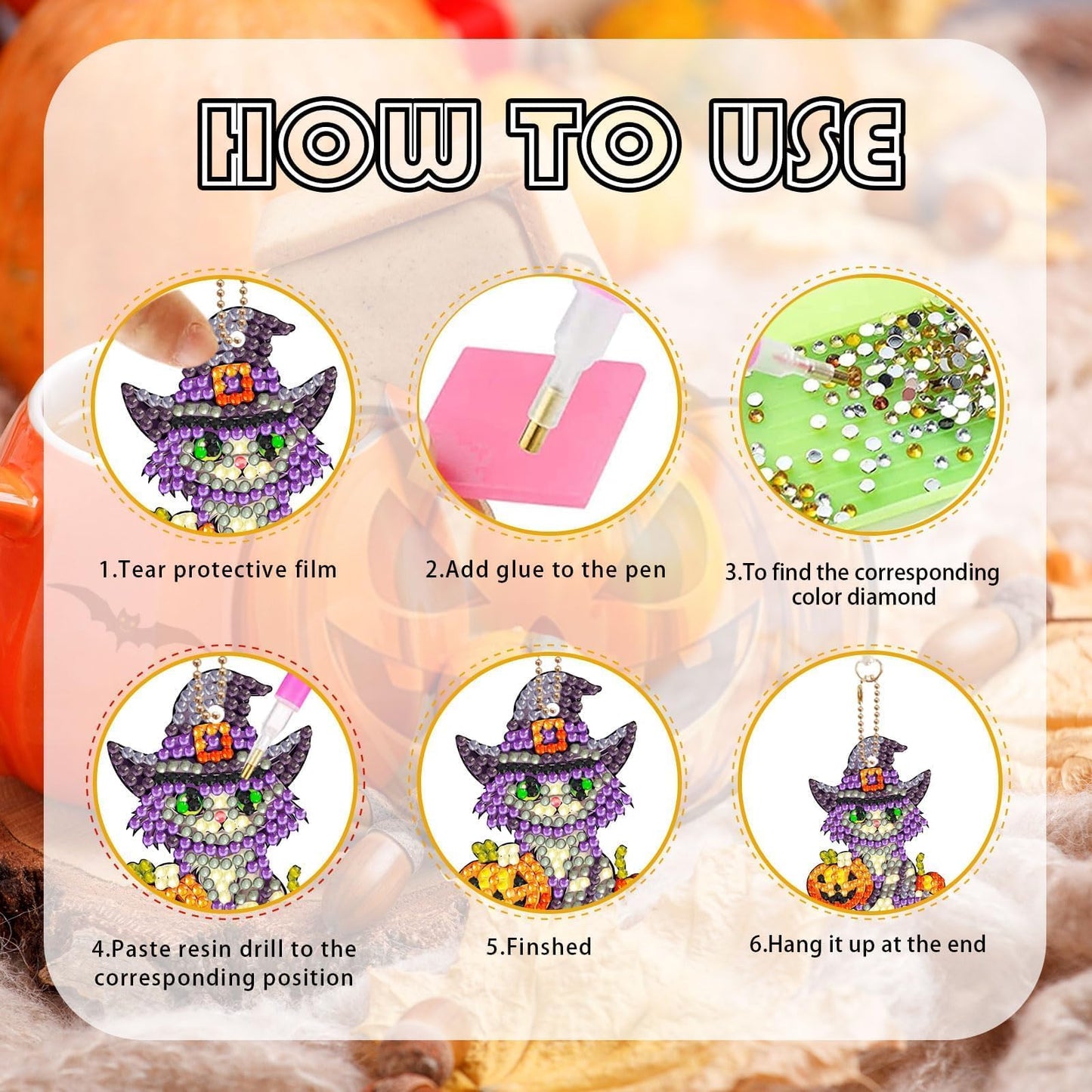 12 Pcs Halloween Cat Diamond Keychains Kit Double Sided DIY Cute Halloween Cat Diamond Keychains for Beginners Adults Art Craft Supplies Holiday Gift