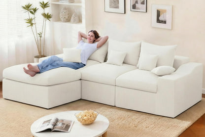 HABUTWAY 104" L Shaped Cloud Sectional Couch, Boneless Modular Sectional Sofa with Deep Seat, Corduroy Couches for Living Room, Modular Couch, No Assembly Required (Beige)