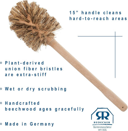 15" REDECKER Union Fiber Toilet Brush with Untreated Beechwood Handle - Natural Stiff Bristles, - Stiff Bristle Toilet