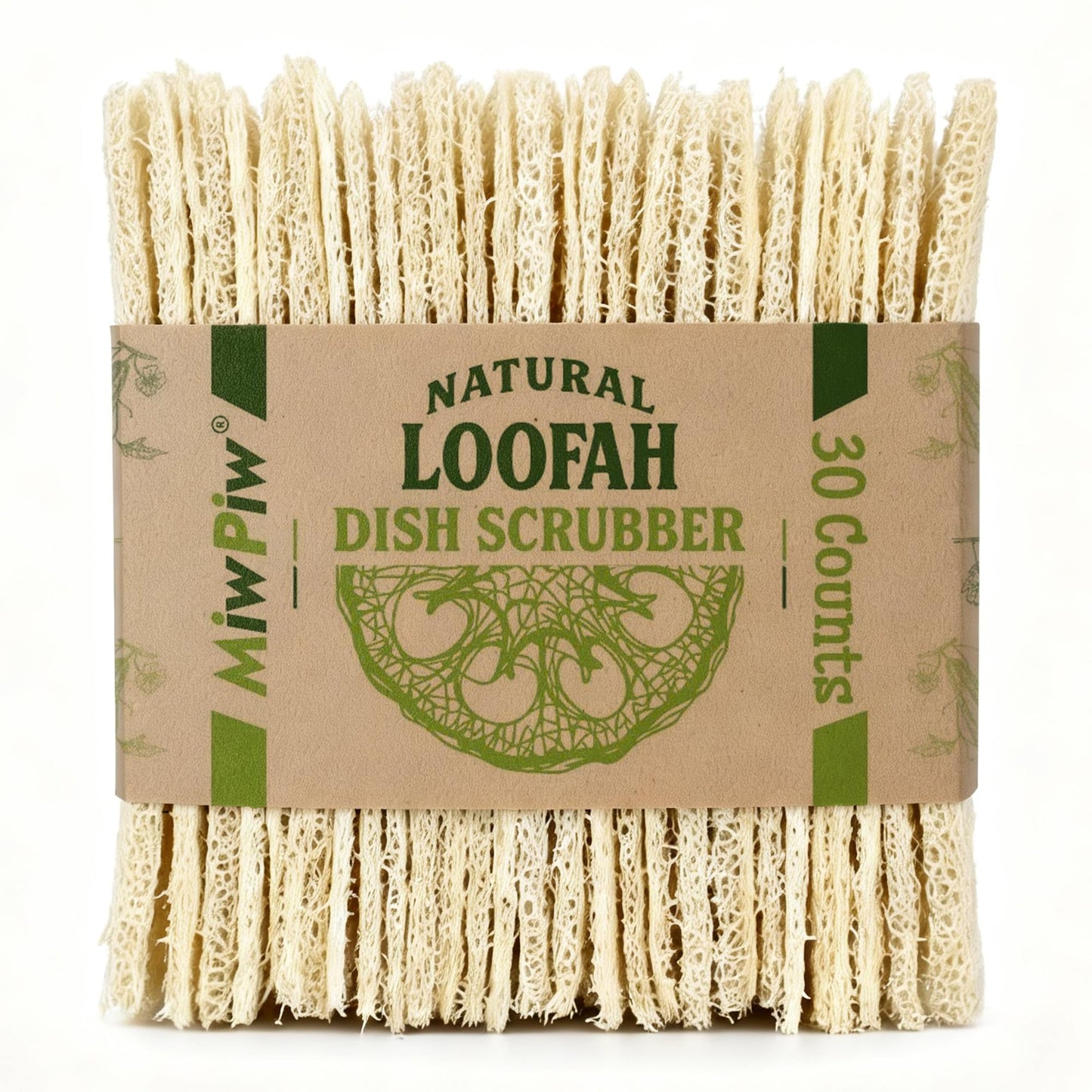 Miw Piw Natural Loofah Dish Sponge (Pack 30) Multipurpose Dish Sponges - 100% Biodegradable Compostable Dishwashing Scouring Pad Zero Waste (2.75" x 2.75" Each)