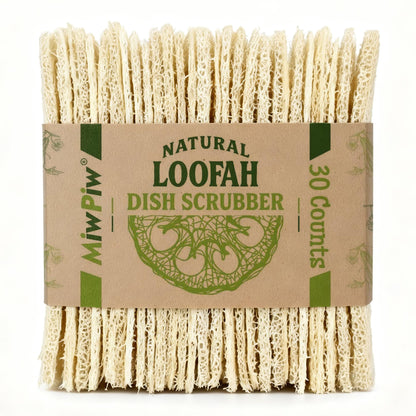 Miw Piw Natural Loofah Dish Sponge (Pack 30) Multipurpose Dish Sponges - 100% Biodegradable Compostable Dishwashing Scouring Pad Zero Waste (2.75" x 2.75" Each)