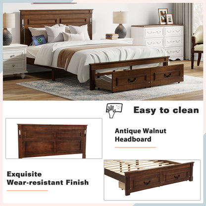 KEIKI Queen Size Farmhouse Bed Frame with 2 Storage Drawers & LED Lights & USB-C Charging Ports, Solid Wood Platform Bed with Tall Panel Headboard & Footboard, No Box Spring Needed, Walnut