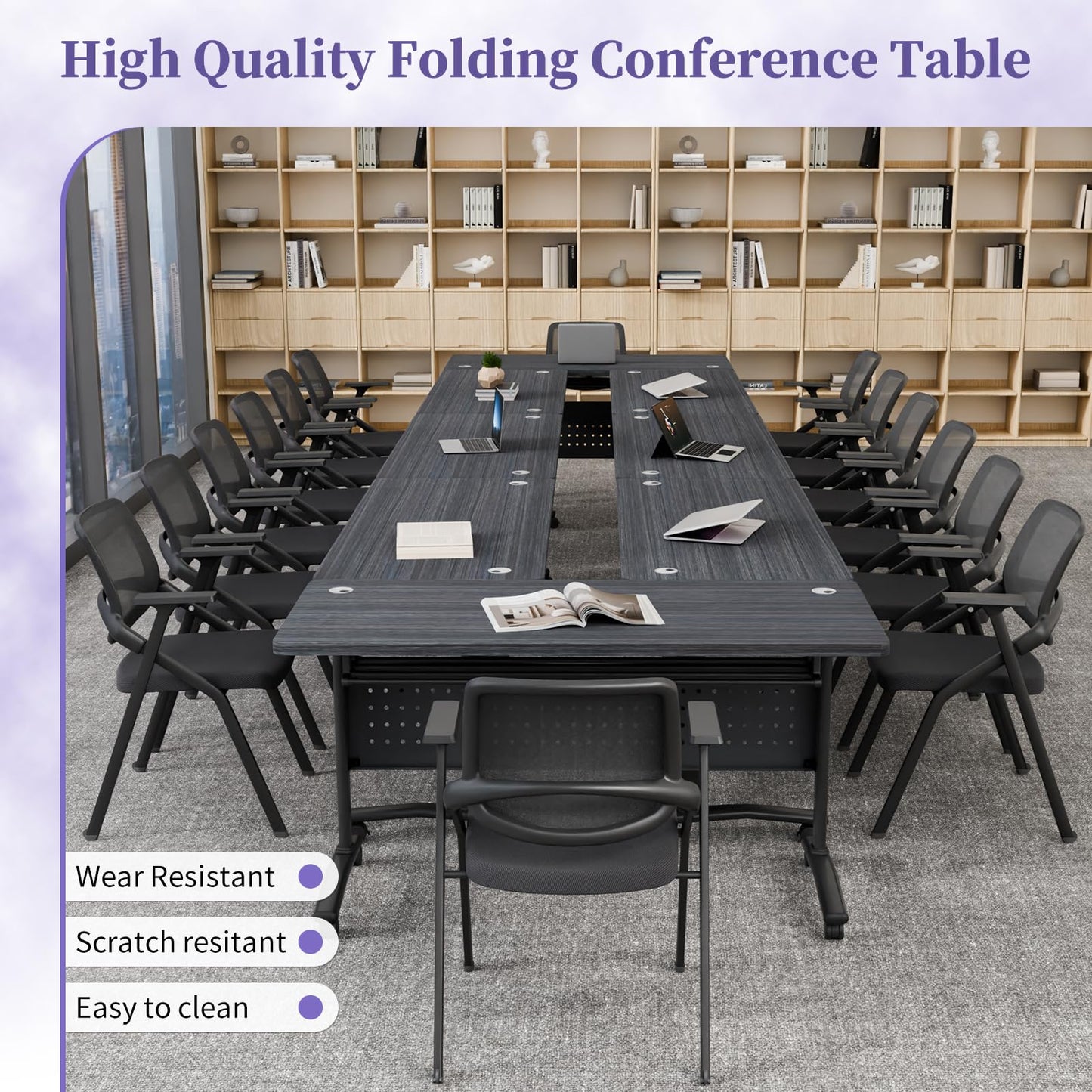 JNMDLAKO Folding Conference Room Table for 6-12 Person, Modular Mobile Large Flip-Top Training Table with Locking Wheels, Modern Rectangular Seminar Meeting Tables for Office (6, Black, 47.2in)