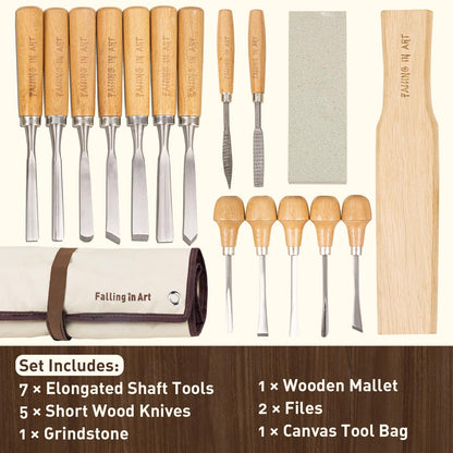 Falling in Art 16 Pcs Wood Carving Tools, Professional Carving Knives Chisel Set, Including Sharpening Stone, Mallet and Storage Bag for Wood Carving Projects