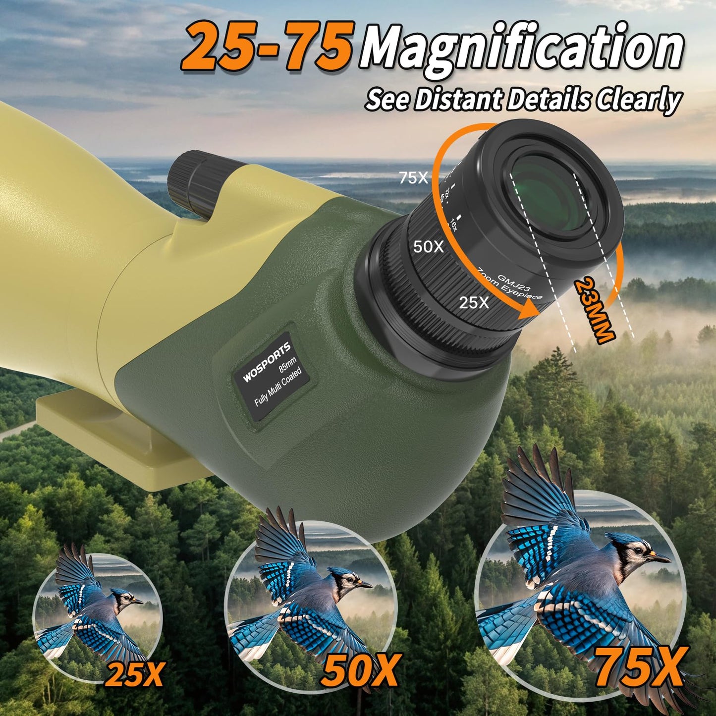 WOSPORTS 25-75x85 Spotting Scopes with Tripod, Carrying Bag, Phone Adapter, HD BAK4 Porro Prism, Waterproof Spotter Scope for Hunting, Target Shooting