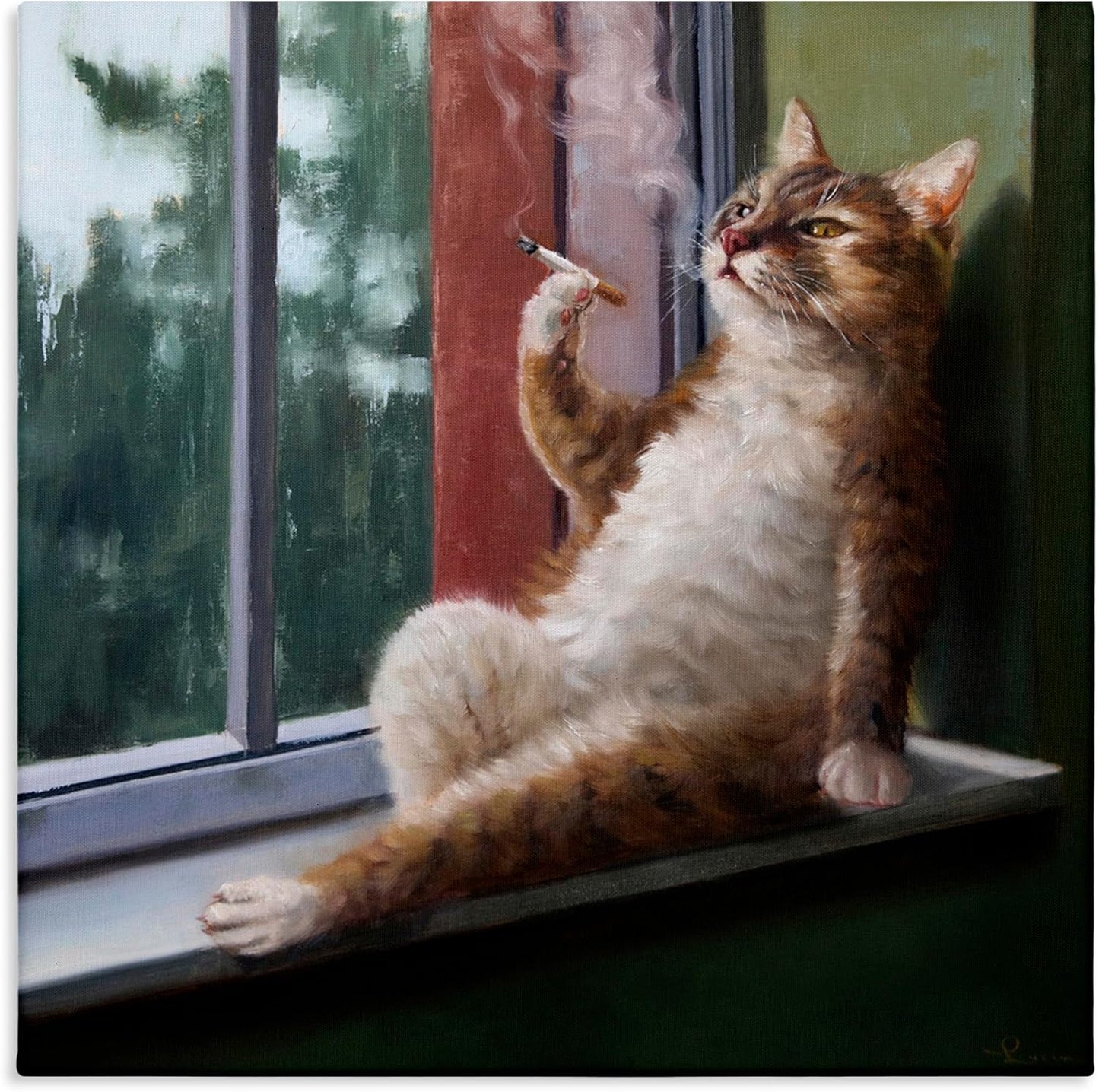 Stupell Industries Canvas Wall Art, House Cat Smoking Lounging in Window Pane, Designed by Lucia Heffernan, 24x24, Brown