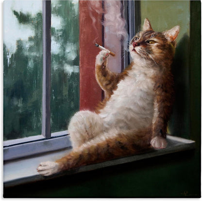 Stupell Industries Canvas Wall Art, House Cat Smoking Lounging in Window Pane, Designed by Lucia Heffernan, 24x24, Brown