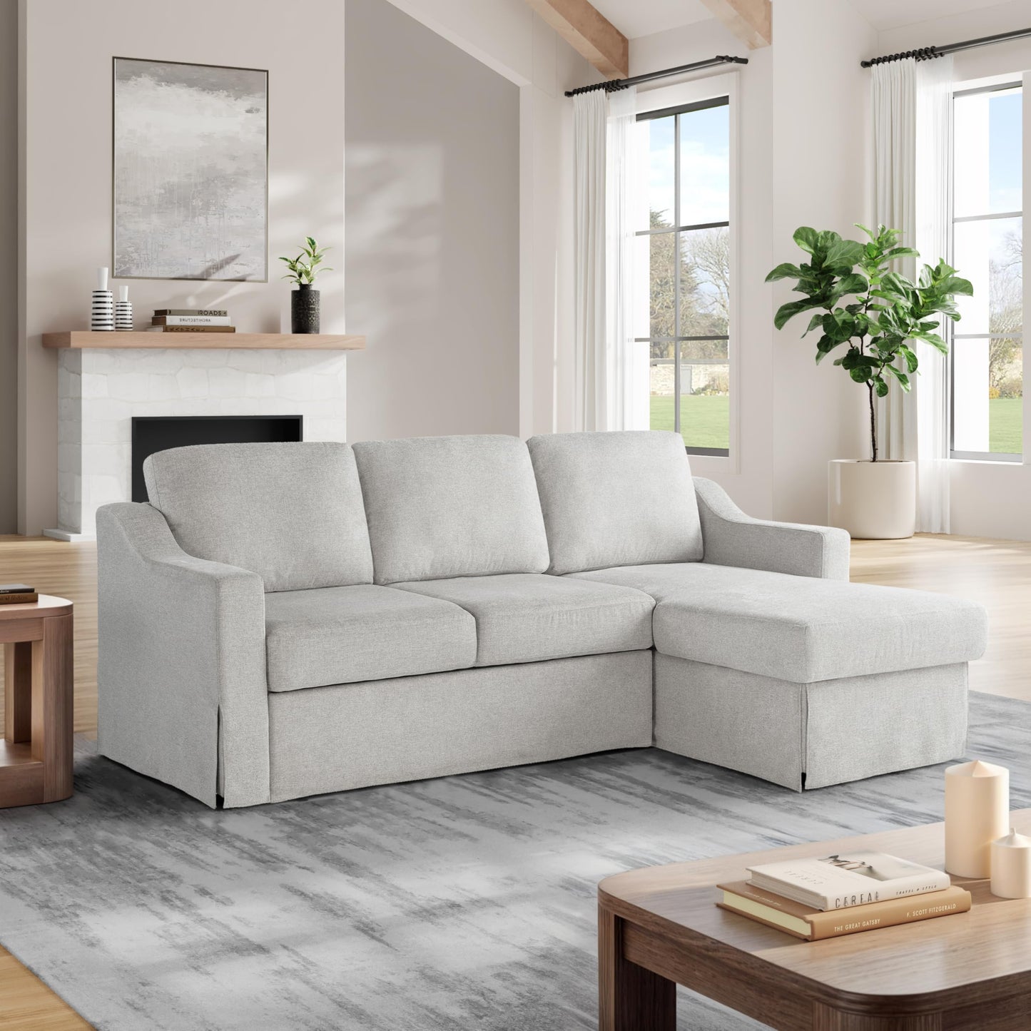 Serta Hawthorne 89.8" Slipcovered Convertible Sleeper Sofa Chaise, Queen Size, Dreamcoil Comfort, Reversible Storage Chaise, Polyester Tweed Fabric, Linen