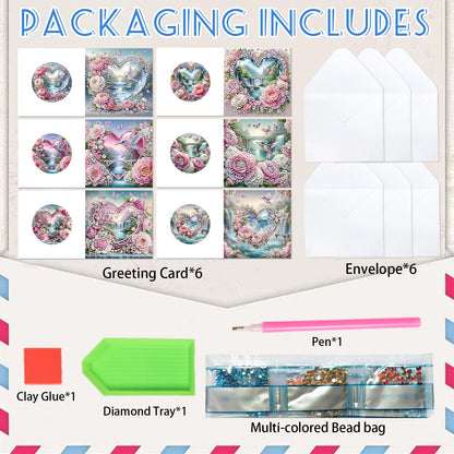6 Pack Diamond Art Greeting Cards with Envelopes, Flowers and Hummingbirds DIY 5D Diamond Painting Card Kit, Handmade Rhinestone Postcards for Birthday & Valentine’s Day Wishes (30x15cm)