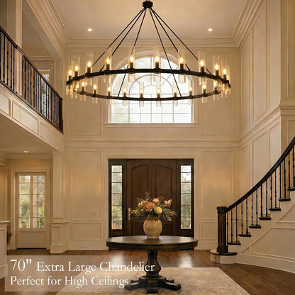 Black Wagon Wheel Chandelier 70 Inch, Large Chandeliers for High Ceilings, 24-Light Chandelier with Glass Shade, Modern Farmhouse Chandeliers for Living Room, Dining Room and Foyer(24 Bulbs Included)
