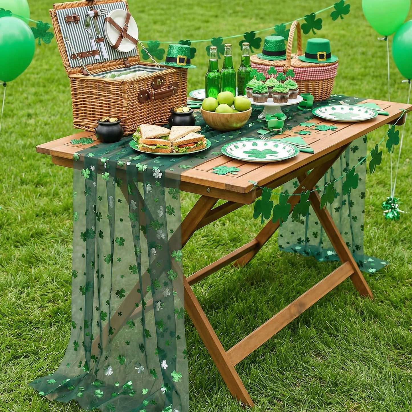 Artoid Mode Green Gauze Shamrocks St.Patrick's Day Table Runner 120 Inch 10FT,Seasonal Sheer Dining Holiday Baby Shower Table Decor for Home Party