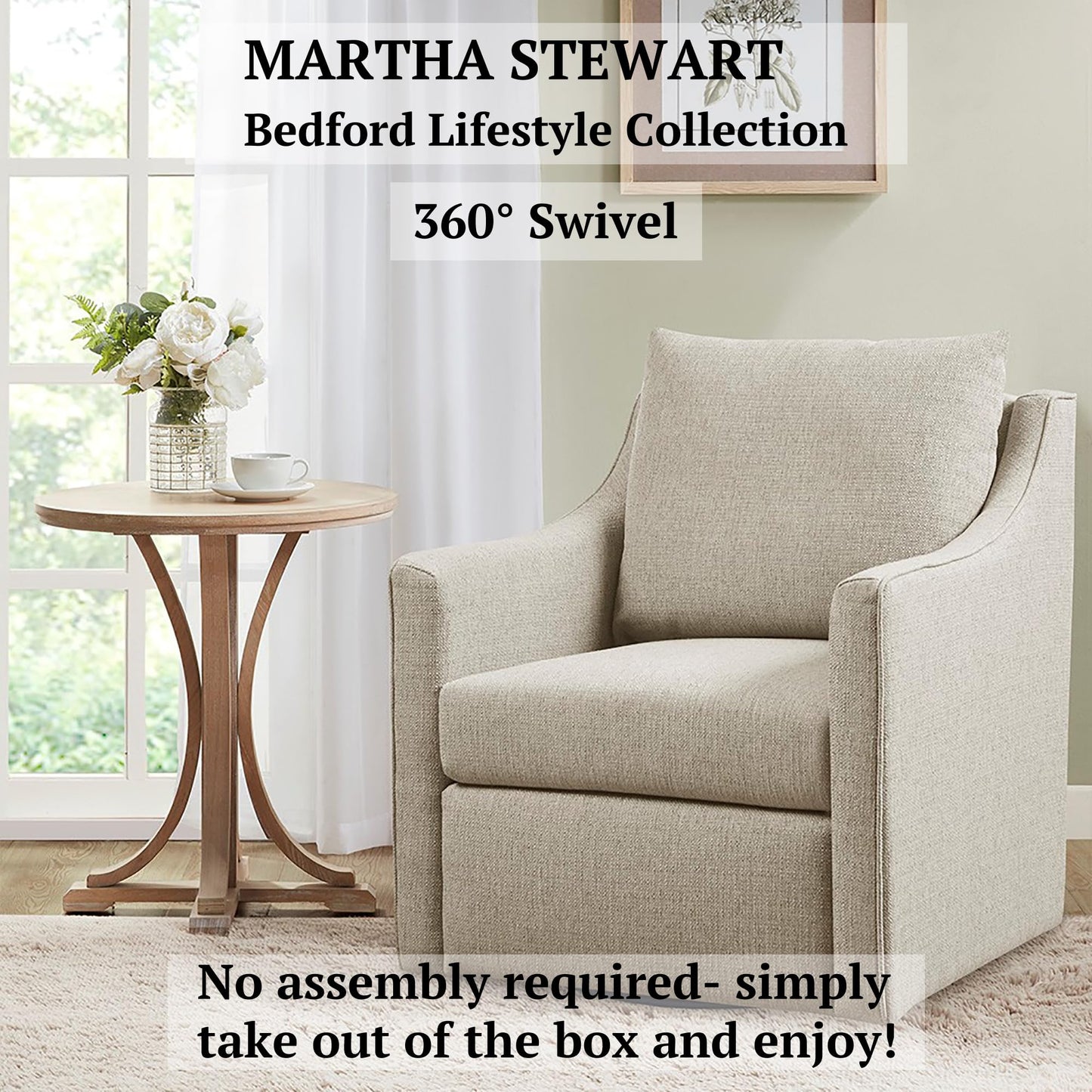 Martha Stewart Amber Swivel Chair for Living Room Barrel Style Bedroom Lounge Removable Foam Seat Cushion Upholstered, Nursery Furniture, Metal Base, Fully Assembled, 30.5" D x 30" W x 35" H, Natural