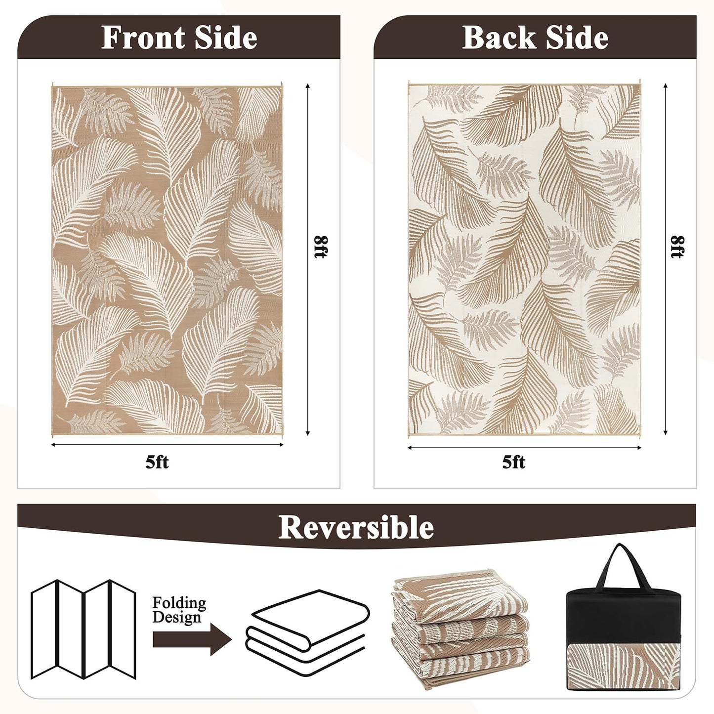 Pauwer Outdoor Rug 5'x8' Waterproof for Patios, Reversible Plastic Straw Rug, Indoor Outdoor Area Carpet RV Mat, Patio Camping Mats for RV, Picnic, Backyard, Deck, Balcony, Porch