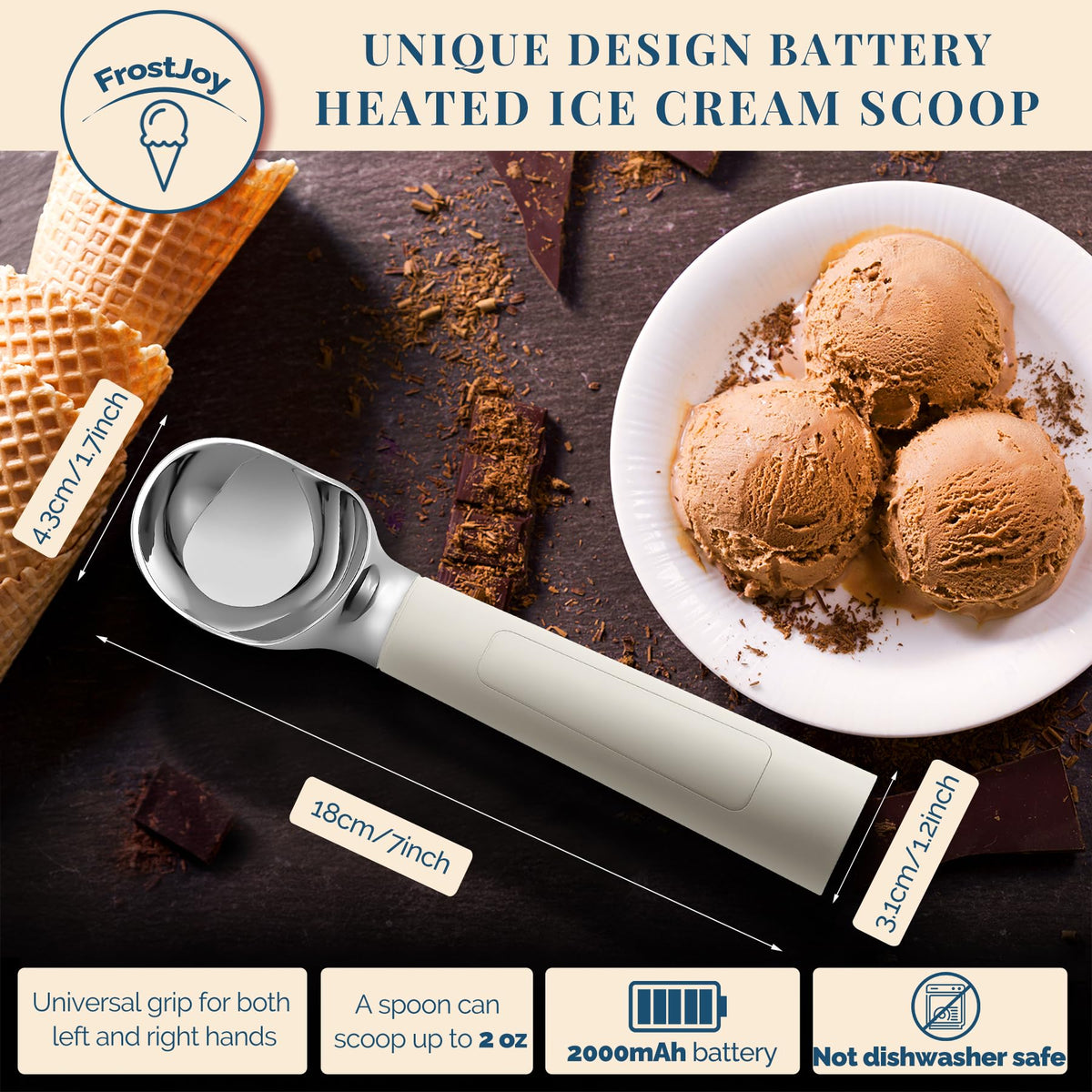 Heated Ice Cream Scoop Rechargeable, Electric Warming Ice Cream Scooper with LED Display, Heats to 158°F for Hard Ice Cream, Easy for Seniors & Kids, IP67 Waterproof (White, 2 oz)