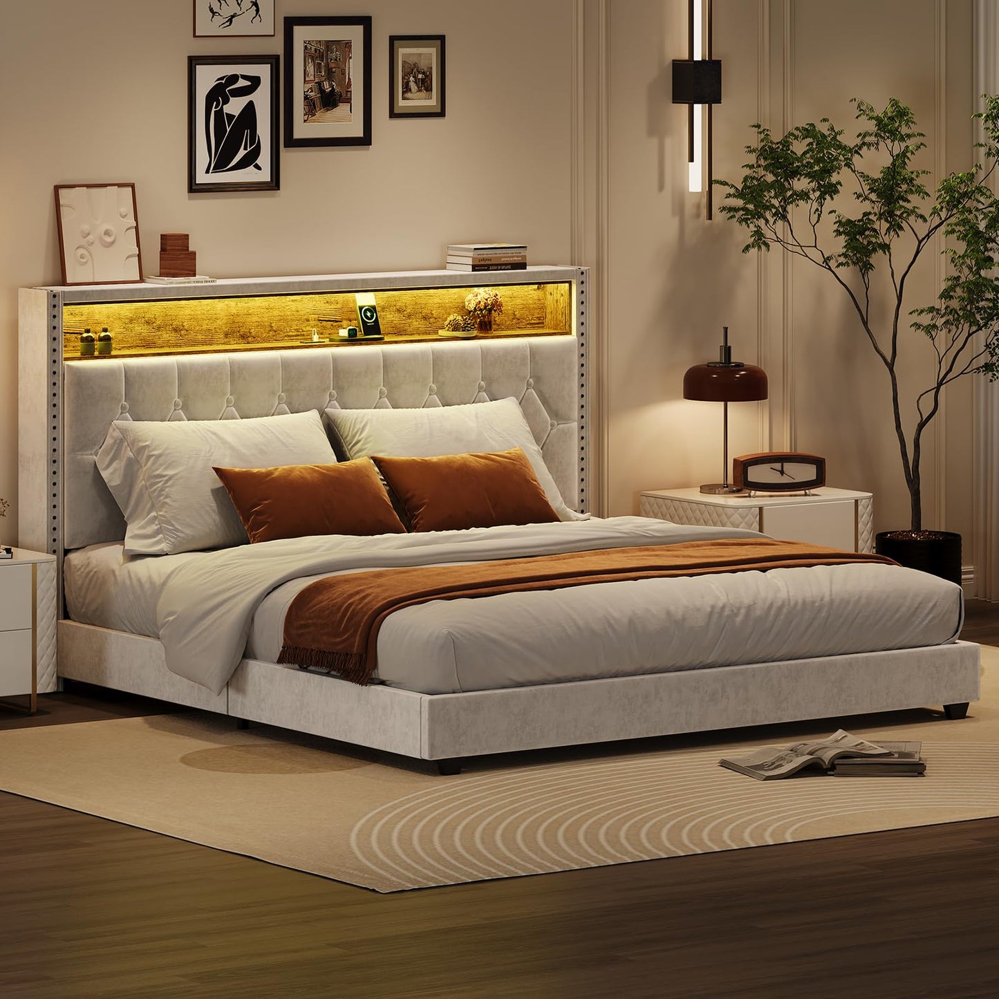 Garvee King Bed Frame with LED Light and Charging Station, Upholstered Bed Frame with Button Headboard, Wood Slat, No Box Spring Needed, Easy Assembly