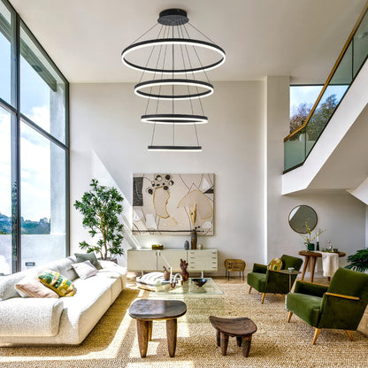 XGZL · LIGHTING 4-Rings Modern LED Chandelier Black Contemporary for Living Room, Dimmable Flush Mount High Ceiling Pendant Light with Remote Control for Staircase Dining Room(D31.5’’, 3000K-6500K)