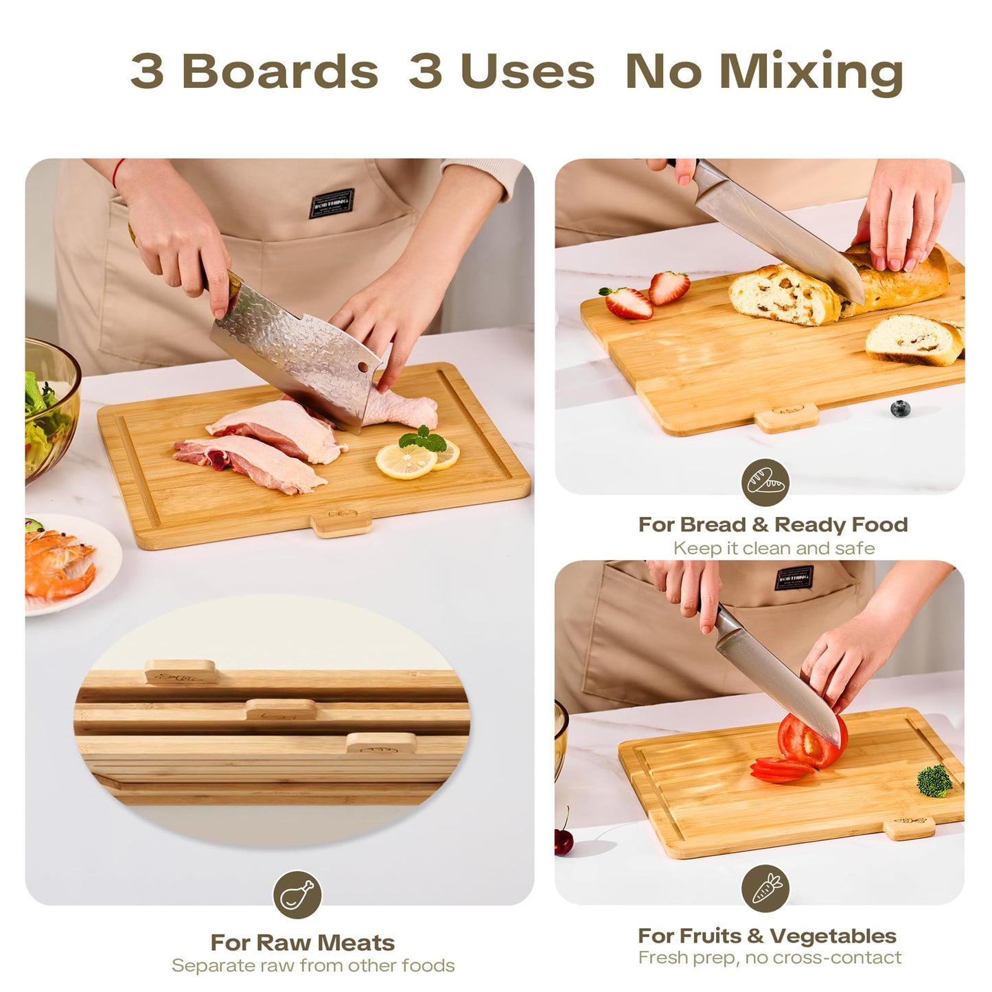 Coktaseleg Bamboo Cutting Boards for Kitchen Set of 3, Large 14’’ x 10’’ with Holder, Wooden Cutting Board with Juice Groove & Labels for Meat Vegetables Bread