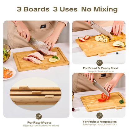 Coktaseleg Bamboo Cutting Boards for Kitchen Set of 3, Large 14’’ x 10’’ with Holder, Wooden Cutting Board with Juice Groove & Labels for Meat Vegetables Bread