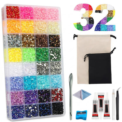 DRZY 38000Pcs Resin Jelly Rhinestones Bedazzling Kit - 32 Colors 3mm Flatback Gems with Glue, Pro Tools & Storage Bags for DIY Crafts, Shoes, Nail Art