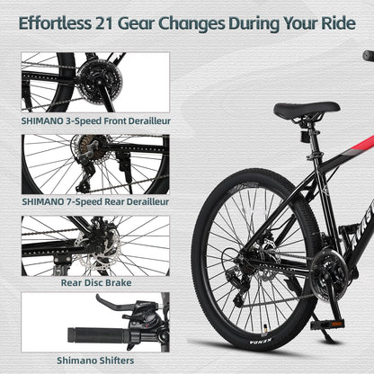 AVASTA 26-inch Mountain Bike for Man Male and Woman Female Adult with Lightweight Aluminum Alloy Frame and Dual Disc Brakes,Front Suspension,21-Speed Shimano Gear Shifters,Hidden Brake Cables,Red