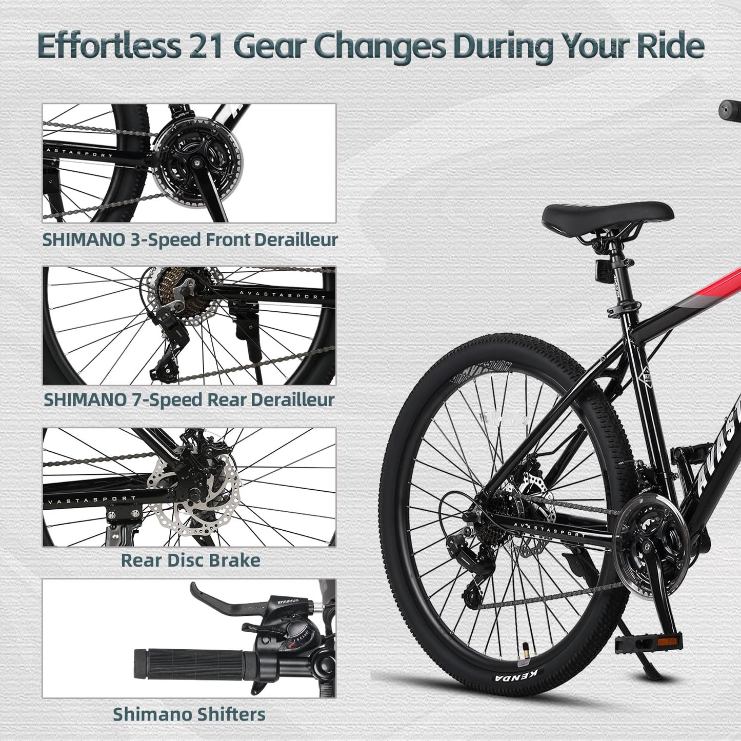 AVASTA 27.5-inch Mountain Bike for Man Male and Woman Female Adult with Lightweight Aluminum Alloy Frame and Dual Disc Brakes,Front Suspension,21-Speed Gear Shifters,Hidden Brake Cables,Red