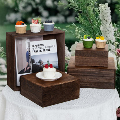 WEASATRY 4 pieces wooden cake stands,antique brown cupcake stands for display,12 inches square wooden crates ,wood display risers for wedding,birthday party,Christmas,etc. (Antique Brown)