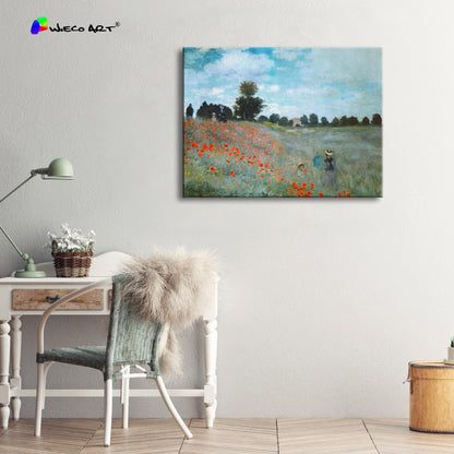 Wieco Art Framed Wall Art The Poppy Field Near Argenteuil Canvas Prints of Claude Monet Floral Oil Paintings Classic Flowers Landscape Pictures Artwork for Bedroom Home Decorations