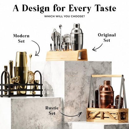 BARE BARREL® Mixology Bartender Kit Bar Set | 14-Piece Cocktail Shaker Set | Martini Barware Mixing Tools for Home Bartending | 35 Recipe Cards | Gift Set (24oz Cobbler Shaker, Gold/Black)
