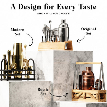 BARE BARREL® Mixology Bartender Kit Bar Set | 14-Piece Cocktail Shaker Set | Martini Barware Mixing Tools for Home Bartending | Incl. 35 Recipe Cards | Gift Set (24oz Cobbler Shaker, Jet Black/Black)