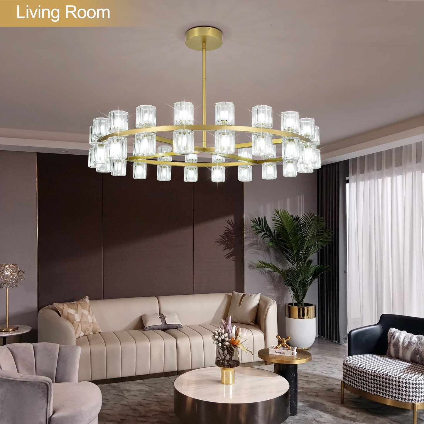 Leadtek 40 Inch Modern Farmhouse Chandelier with K9 Crystal Chandelier Shade, Gold Wagon Wheel Chandelier, for Dining Room Light Fixture, Kitchen Island, Entryway, Foyer, Bedroom Lighting