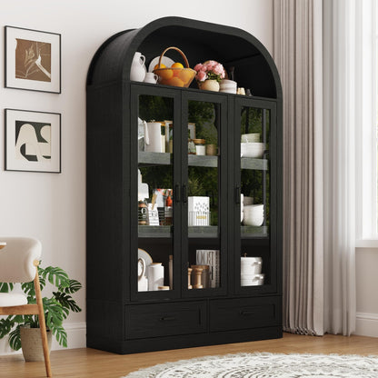 73" Tall Arched Kitchen Pantry Cabinet w Load-Bearing Steel Pipe,Modern Farmhouse Kitchens Storage Cabinet with Drawer and Glass Doors,Tall Arched Bookcase,Pantry Organizer(Woodgrain Black)