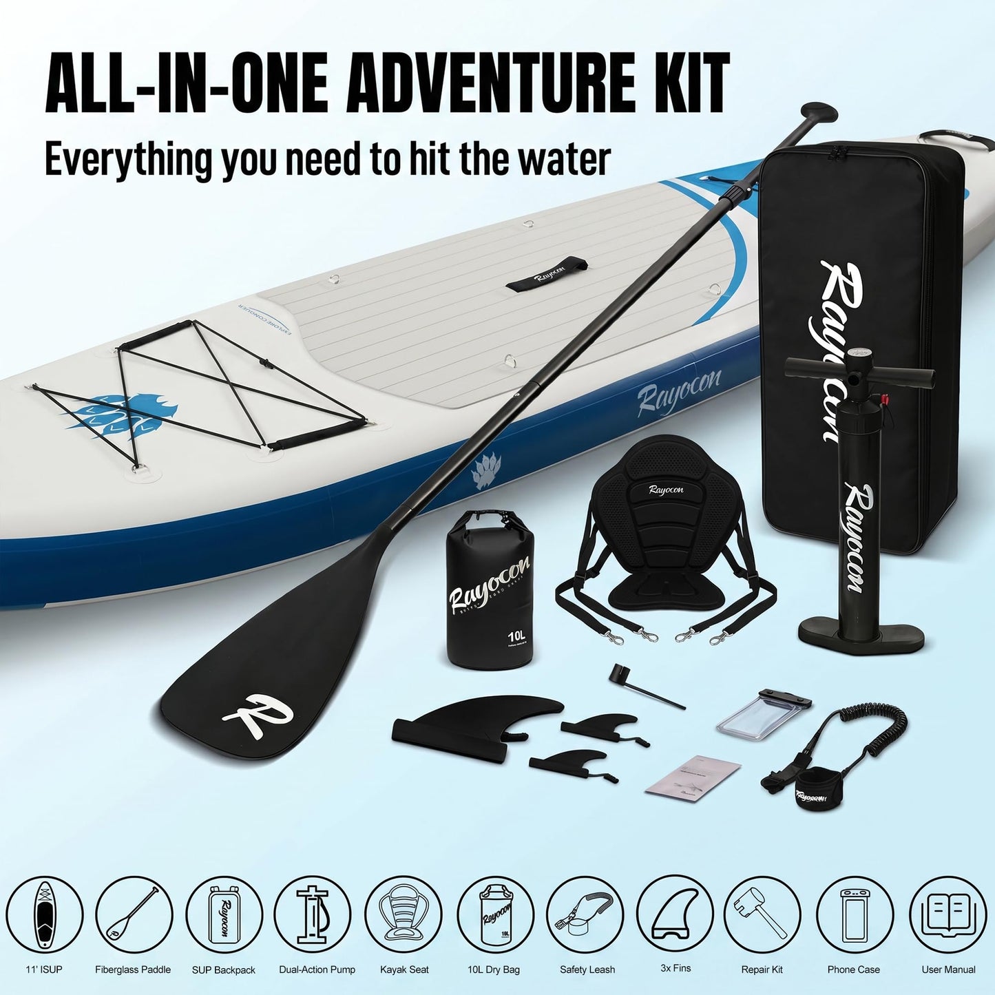 Inflatable Stand Up Paddle Board with Kayak Seat, 11'×34" Extra Wide 2-in-1 SUP, Ultra-Stable for Adults & Dog, 450lbs, Dual Chamber Pump, Fiberglass Paddle, Wild Bear Claw Polar Design Blue