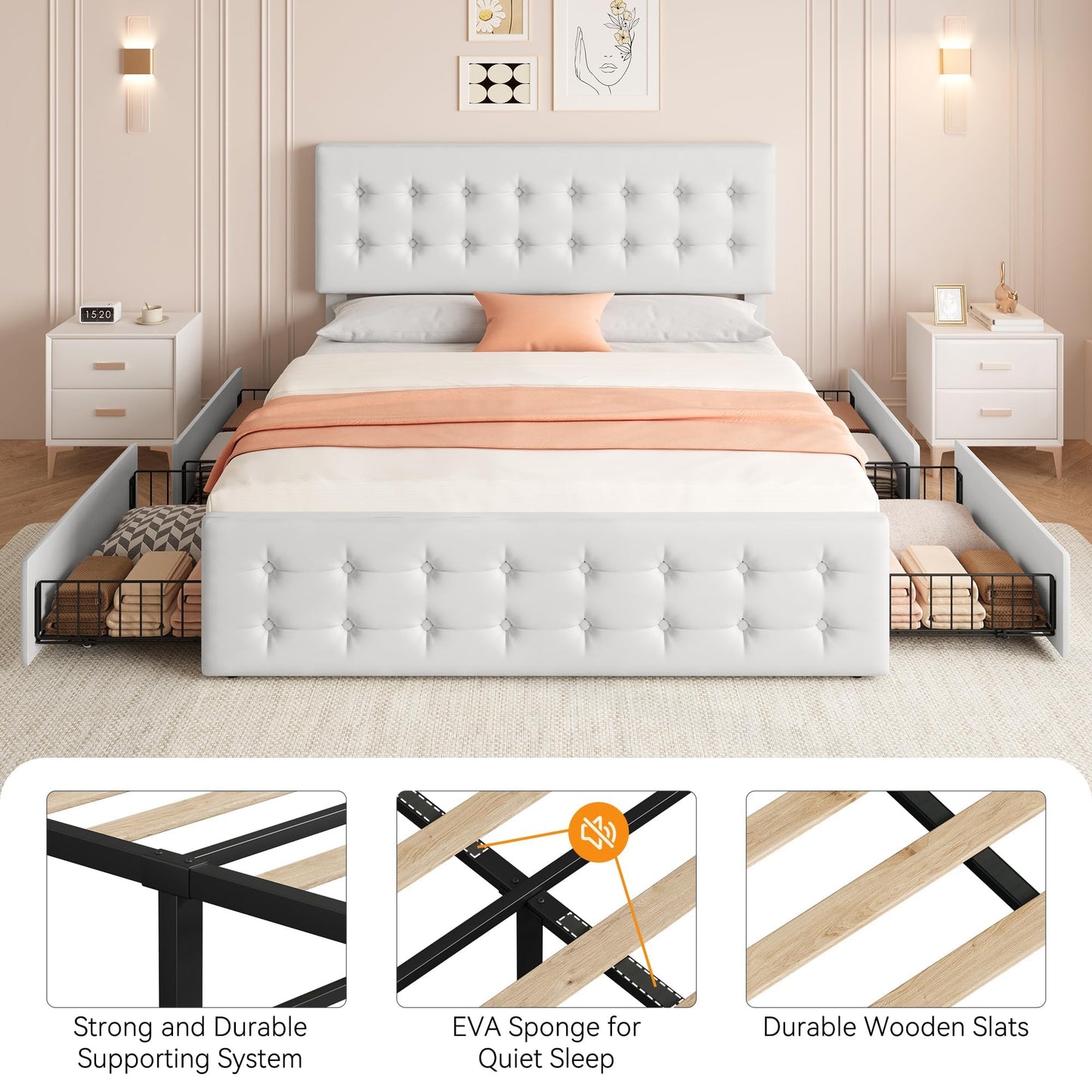 GarveeHome King Size Bed Frame with 4 Storage Drawers and Faux Leather Upholstered Headboard, Wooden Slats Support, Button Tufted Design, No Box Spring Needed, White