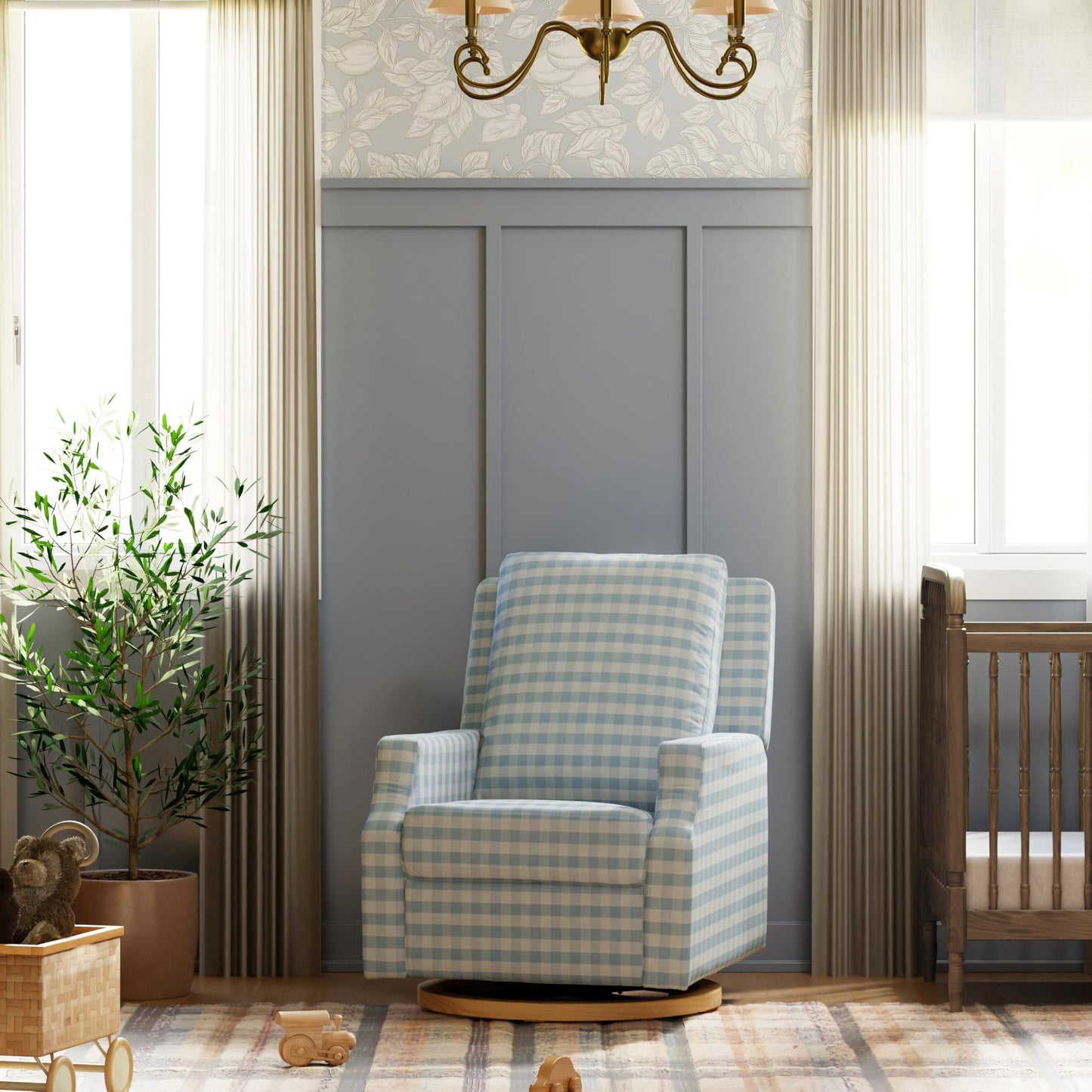Namesake Crewe Glider Recliner Nursery Chair - GREENGUARD Gold & Certi-PUR US Certified Rocker Recliner - Glider Rocking Chair for Nursery & Living Room - Electronic, 270° Swivel, Blue Gingham
